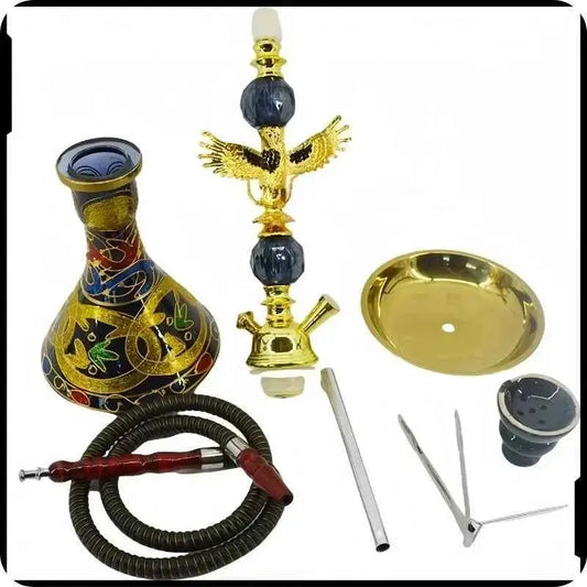 Travel Arabian Hookah Set - Small Glass Shisha with Ceramic Bowl & Accessories